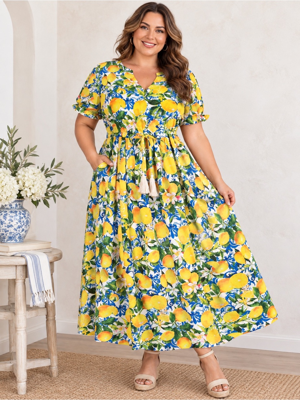 Lemon Print Blue White Drawstring Maxi Dress Pockets 22/24W Resort Cruise 3X
